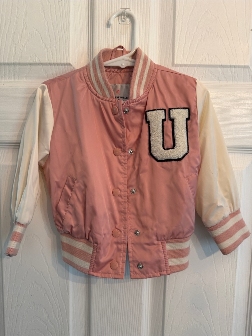 Girls Urban Republic Pink Varsity Jacket with Cream Sleeves
